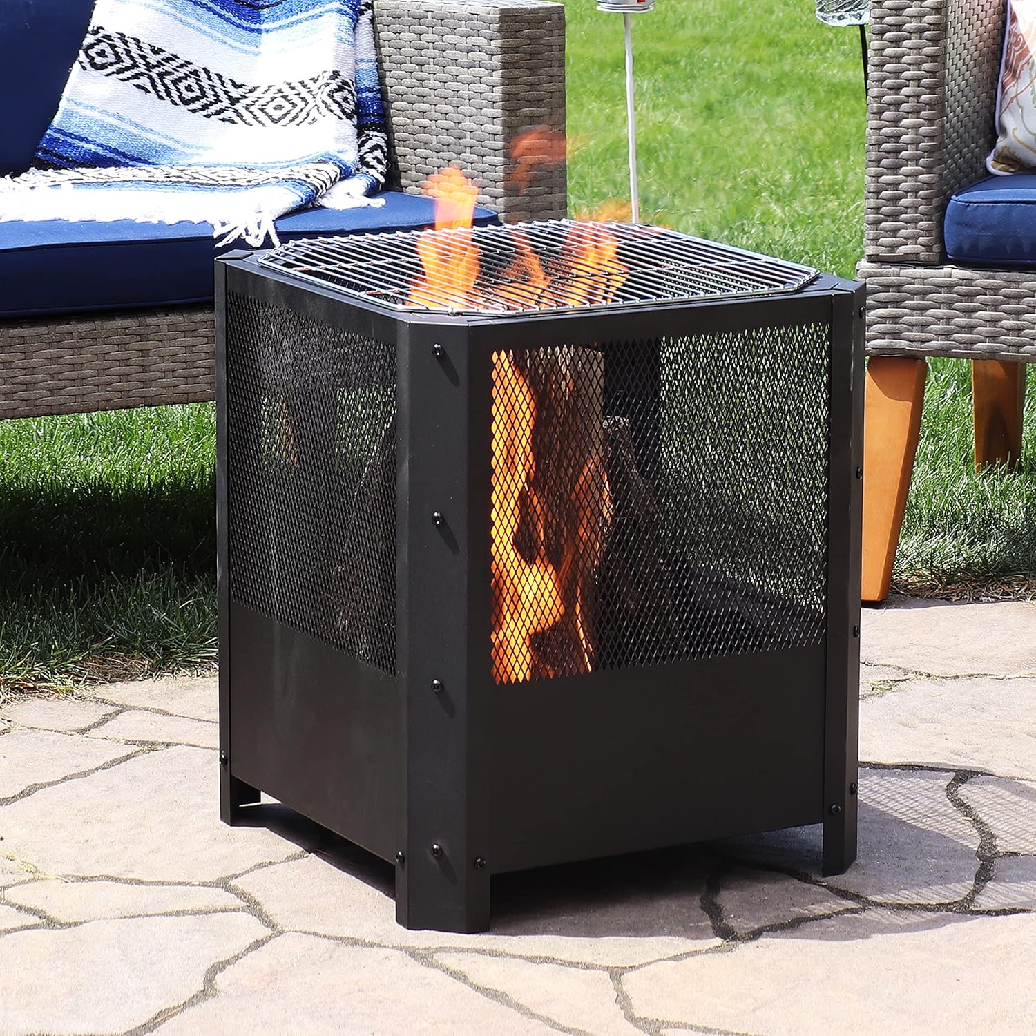 Sunnydaze Grelha 16-Inch Steel Outdoor Fire Pit with Grill - Square Wood-Burning Fire Pit for Outside - Black Finish