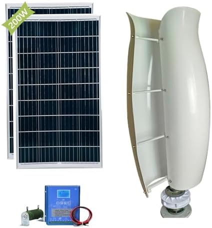3KW Wind Turbine Generator Kit 12V/24V/48V - Vertical Axis Windmill + 2X 100W Solar Panels - Hybrid Wind & Solar Power System for Free Energy (White, 12V)