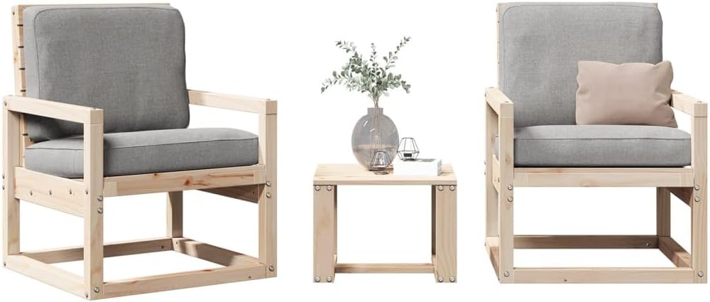 3-Piece Scandinavian Garden Lounge Set, Solid Pine Wood, Natural Finish, Outdoor Table and Chairs, Patio Furniture Set for Balcony, Garden