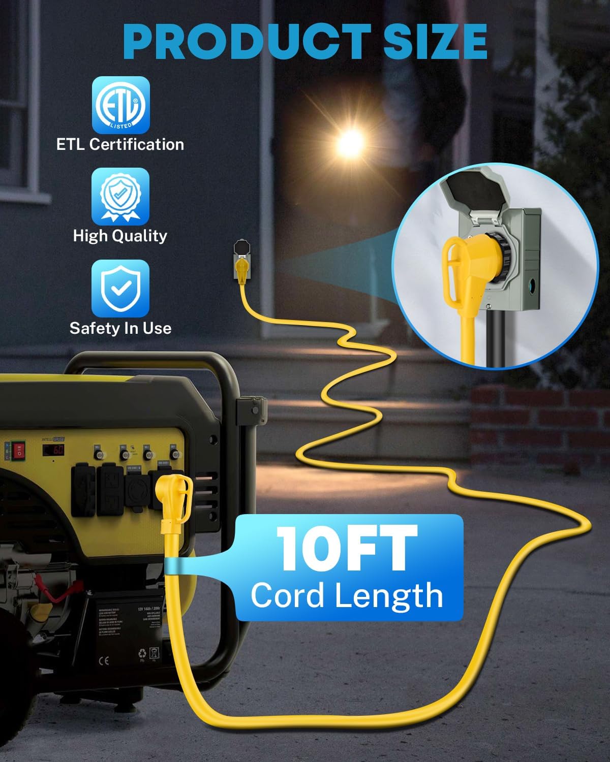 Kohree 50 Amp Generator Extension Cord, 10FT 50 Amp RV Extension Cord with Twist Lock, NEMA 14-50P/SS2-50R Heavy Duty 6/3+8/1 AWG Generator Cable 50A 4 Prong, RV Power Extension Cord Wire for RV House