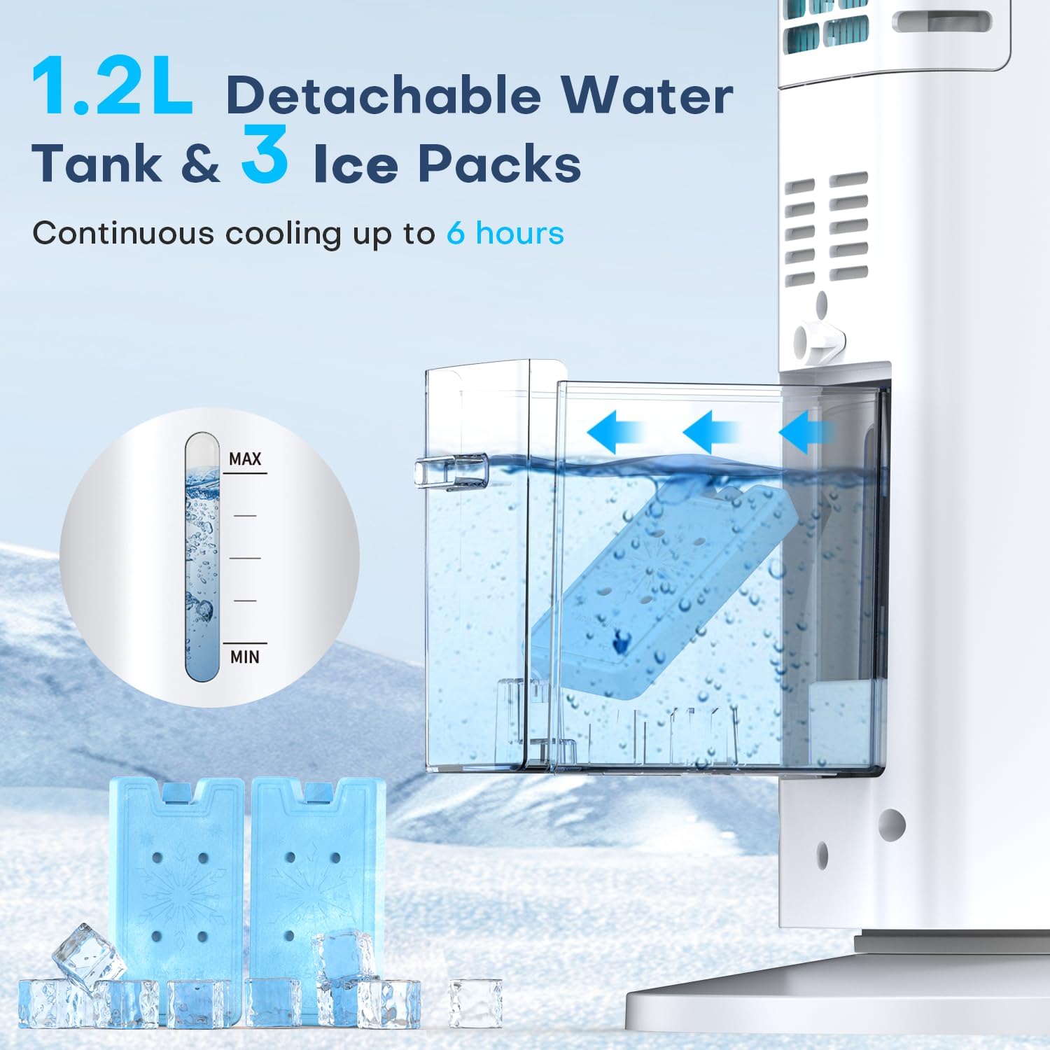 Windowless Air Conditioner Portable, 3 Speeds, 1.2L Water Tank, 3 Ice Packs, 20ft Remote, 7H Timer, No Hose No Window Needed,70° Oscillating Portable AC Unit for Room