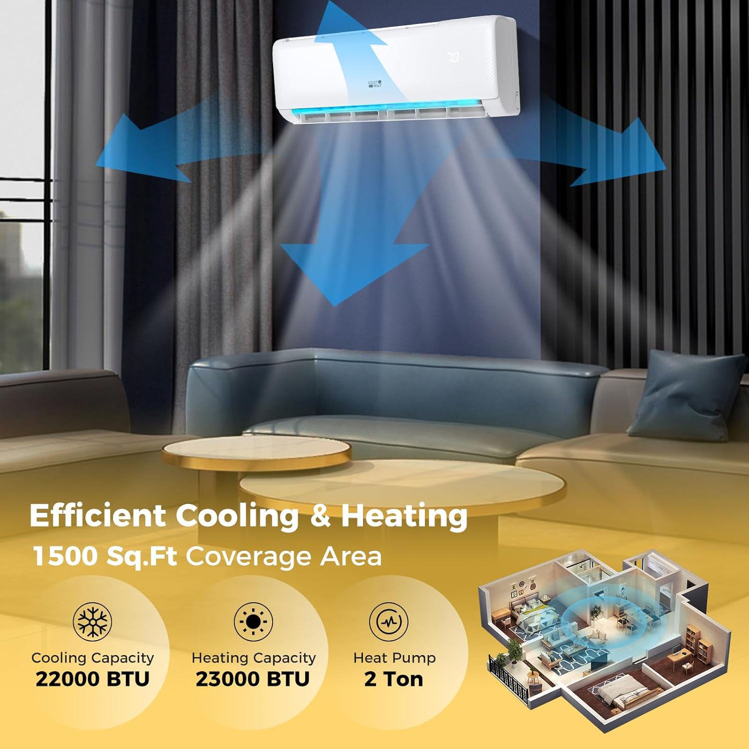 COSTWAY 24000 BTU Mini Split Air Conditioner, Energy Star, with Remote, Compatible with Alexa, Googlehome, Heat Pump, 21 SEER2 Inverter, 24H Timer, for Rooms up to 1500 Sq.Ft (Airtural Series)