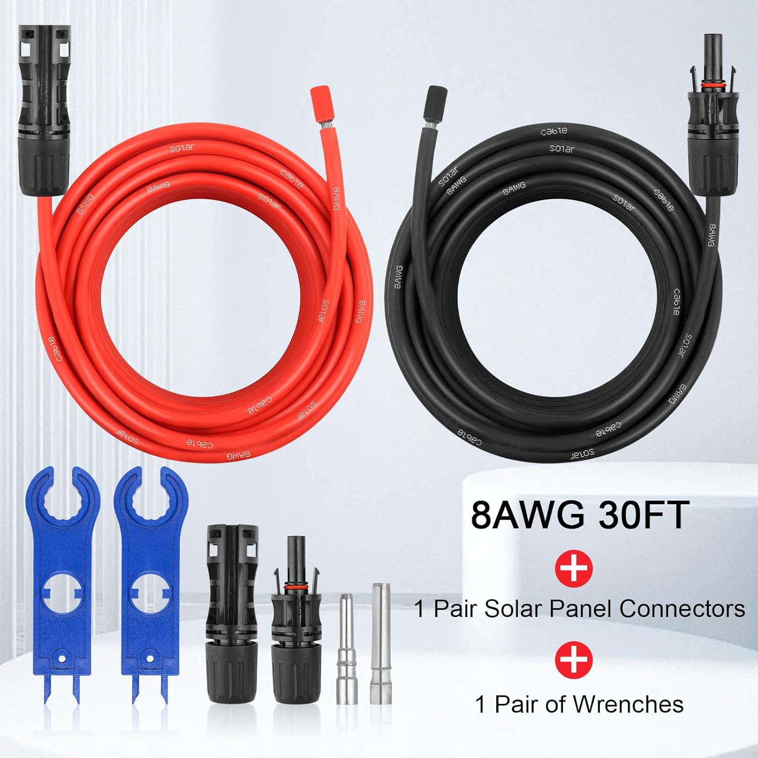8AWG Solar Extension Panel Cable - 30FT Solar Wire with Waterproof Female and Male Connector and Solar Panel Adaptor Kit Tool PV Wire for RV, Home, Boat, Solar Panels(30feet Red + 30feet Black)