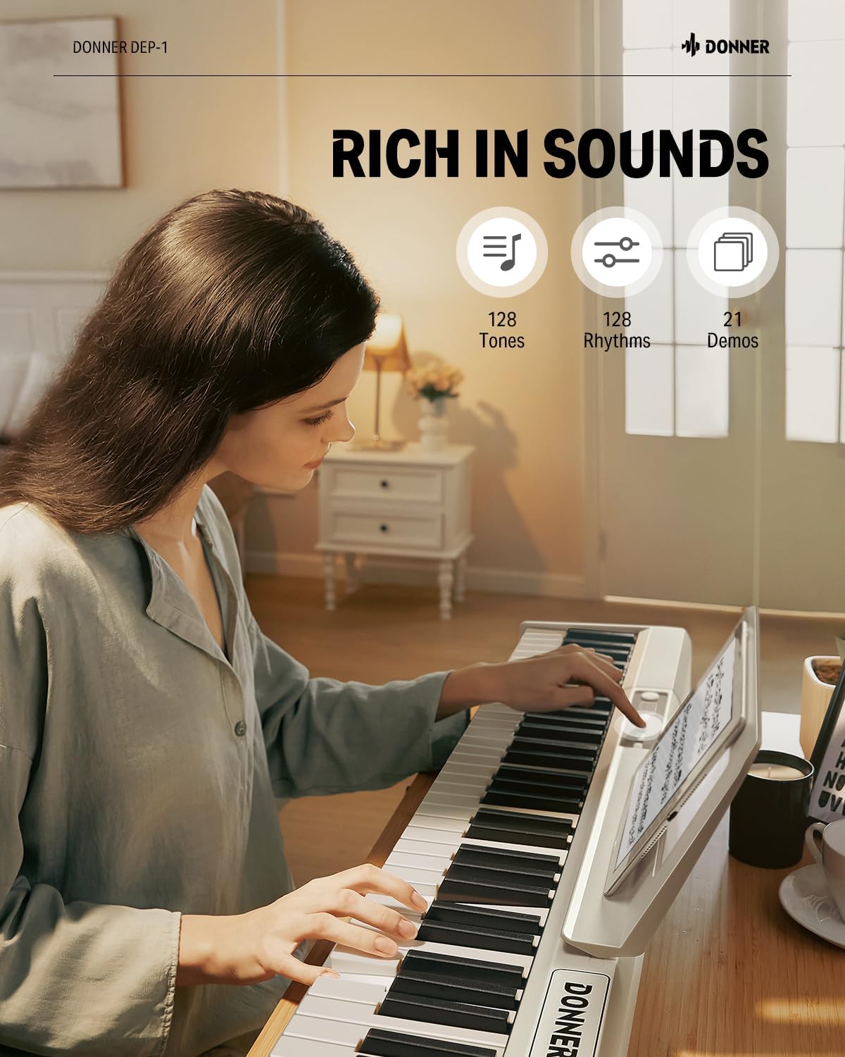 Donner DEP-1 Piano Keyboard 88 Keys, Beginner Digital Keyboard Piano Velocity-Sensitive Keys, Portable Electric Piano with Stand, Sustain Pedal, Carrying Case and Keyboard Stickers, White