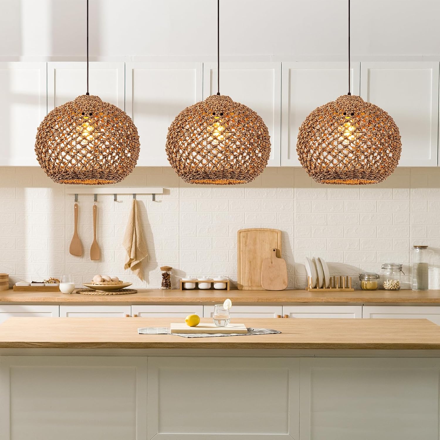 Seagrass Boho Chandelier Hanging Lamp, Natural Rattan Weaving Single Light Fixture, Rustic Round Pendant Lighting for Kitchen Dining Room Restaurants Bars, 13.78