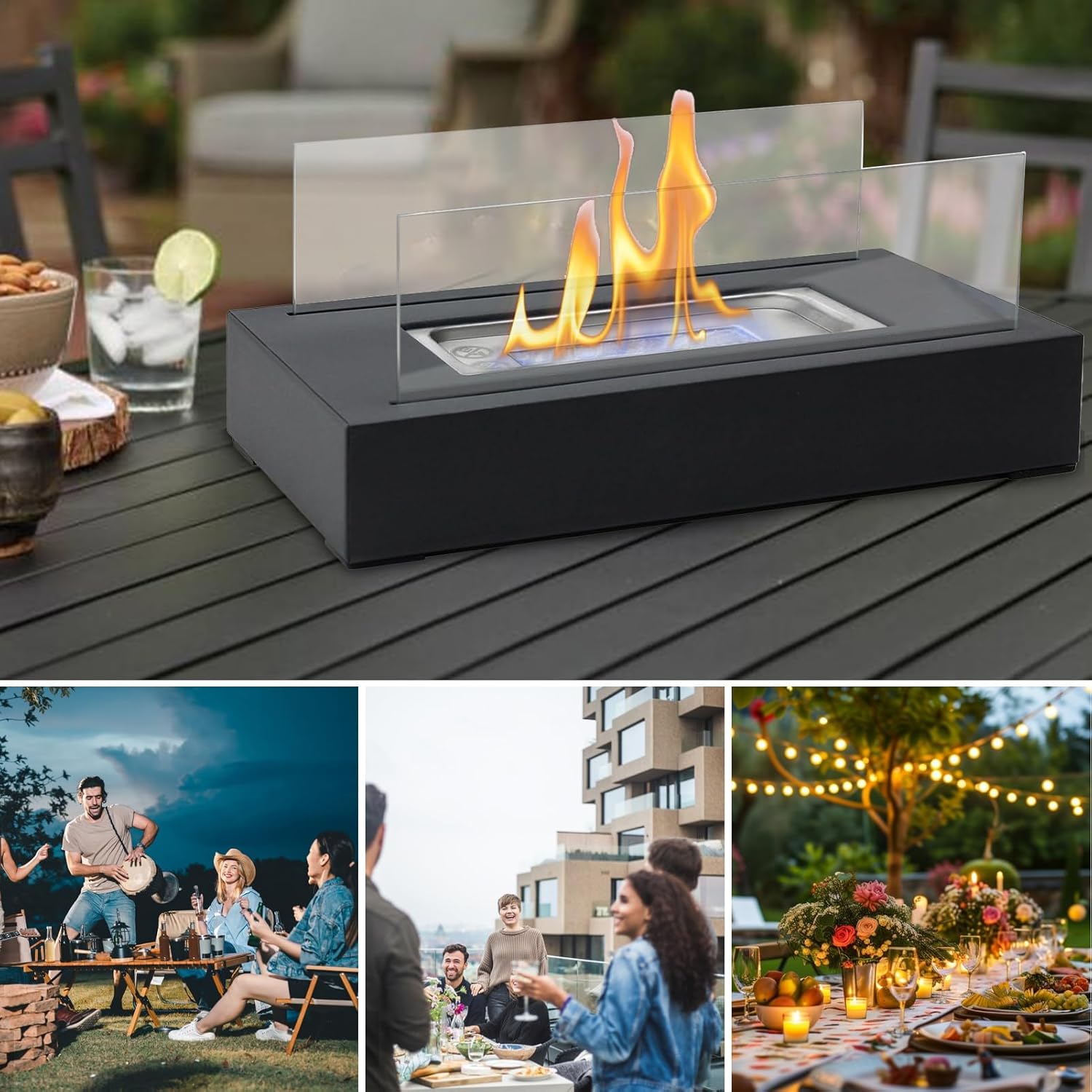 Table Top Fire Pit – Stainless Steel Iron Glass 150ml | Top Propane Fire Pit | Tabletop with Glass Wind Guard for Outdoor Patio Garden Camping and Home Decoration Use