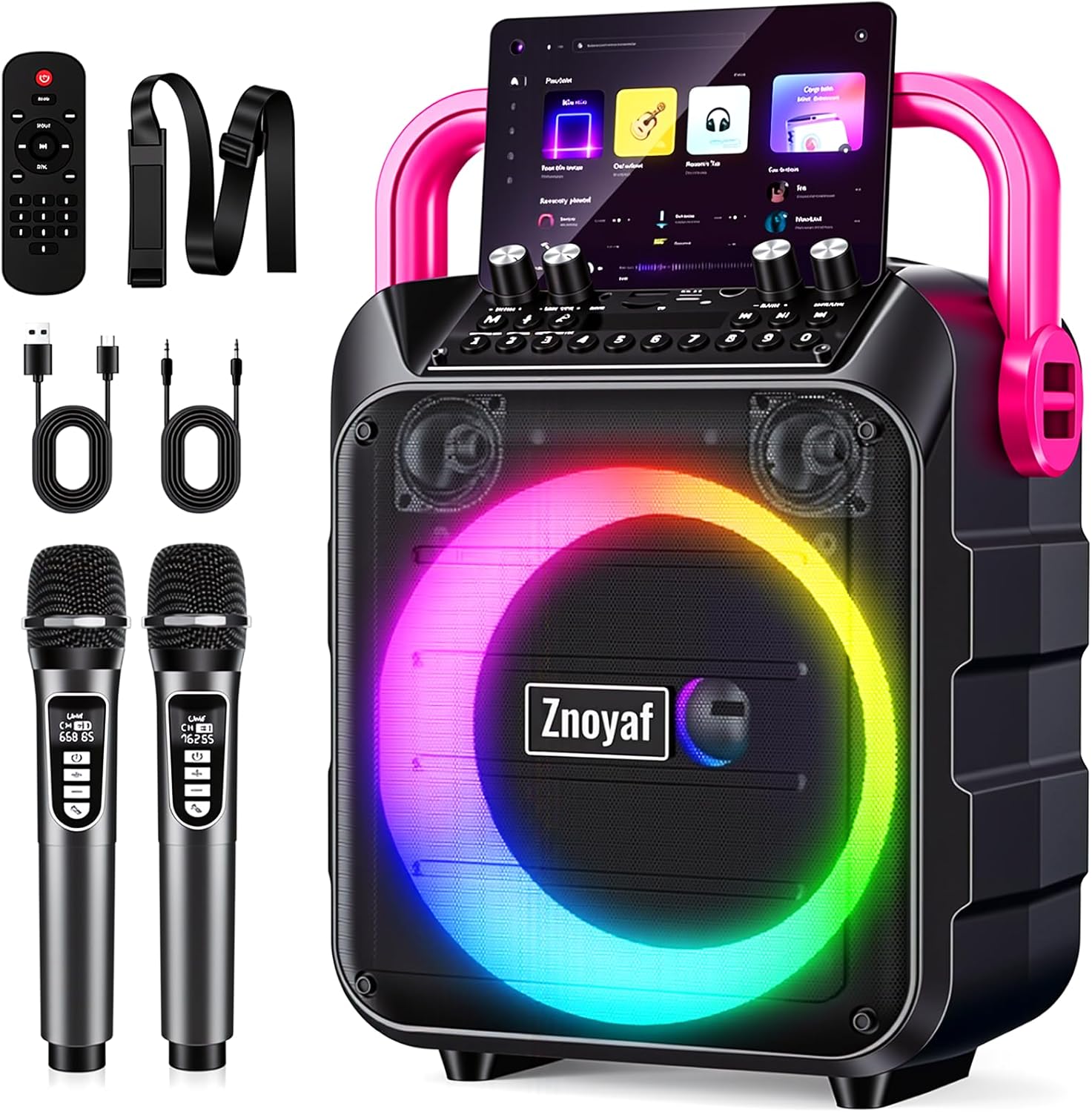 Karaoke Machine for Adults & Kids, 5.3 Bluetooth Speaker Portable with 2 Wireless Microphones, Bass/Treble Adjustment, Remote and LED Light, Support REC/FM/AUX/USB/TF for Home Party, Blackpink