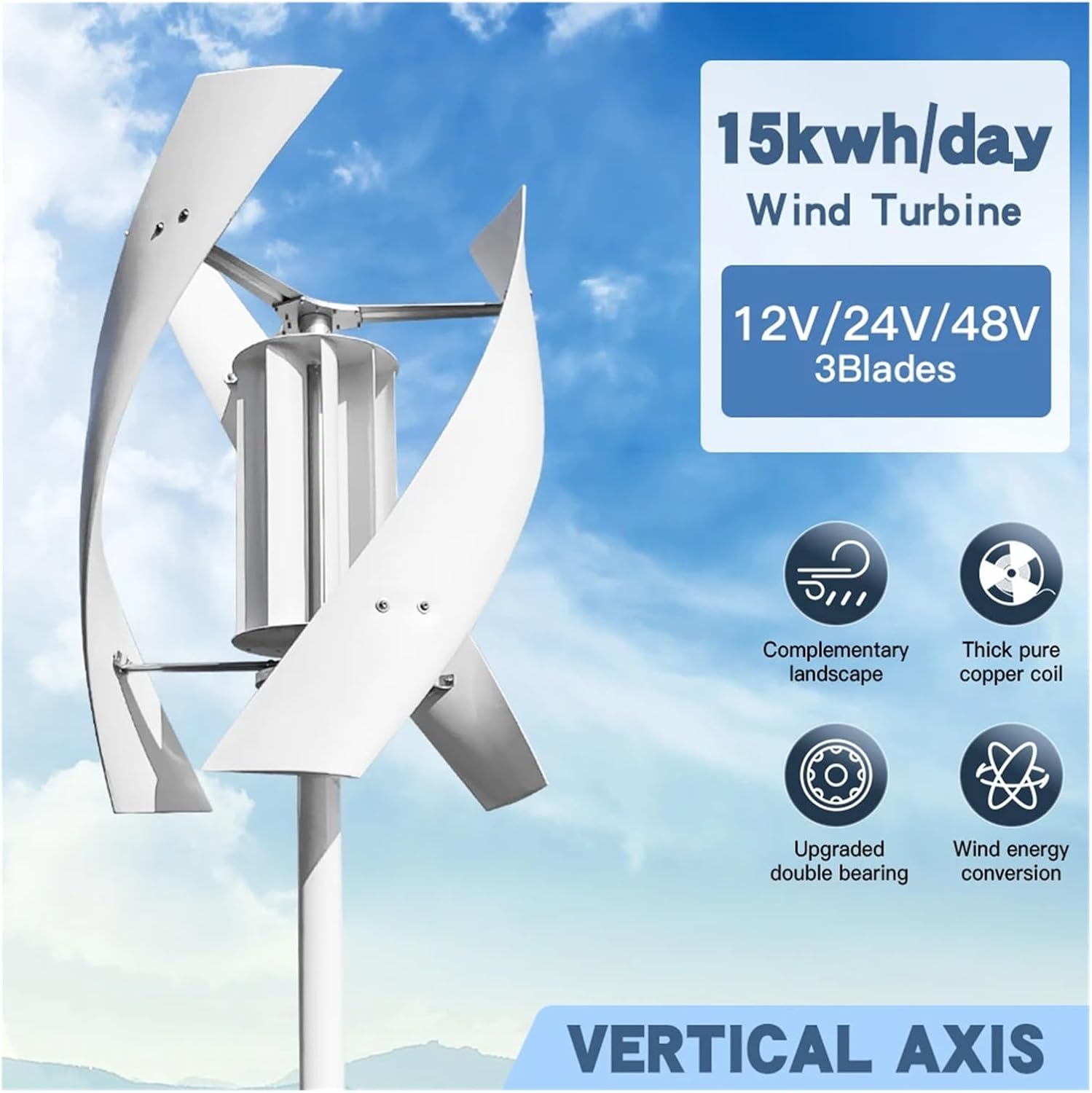 Wind Turbine Generator Kit, Daily 15kwh 5000W Turbine Solar System with Free Charging Controller Yacht Farm Family Farm for Hybrid Solar Wind System(3KW with Controller,12V)