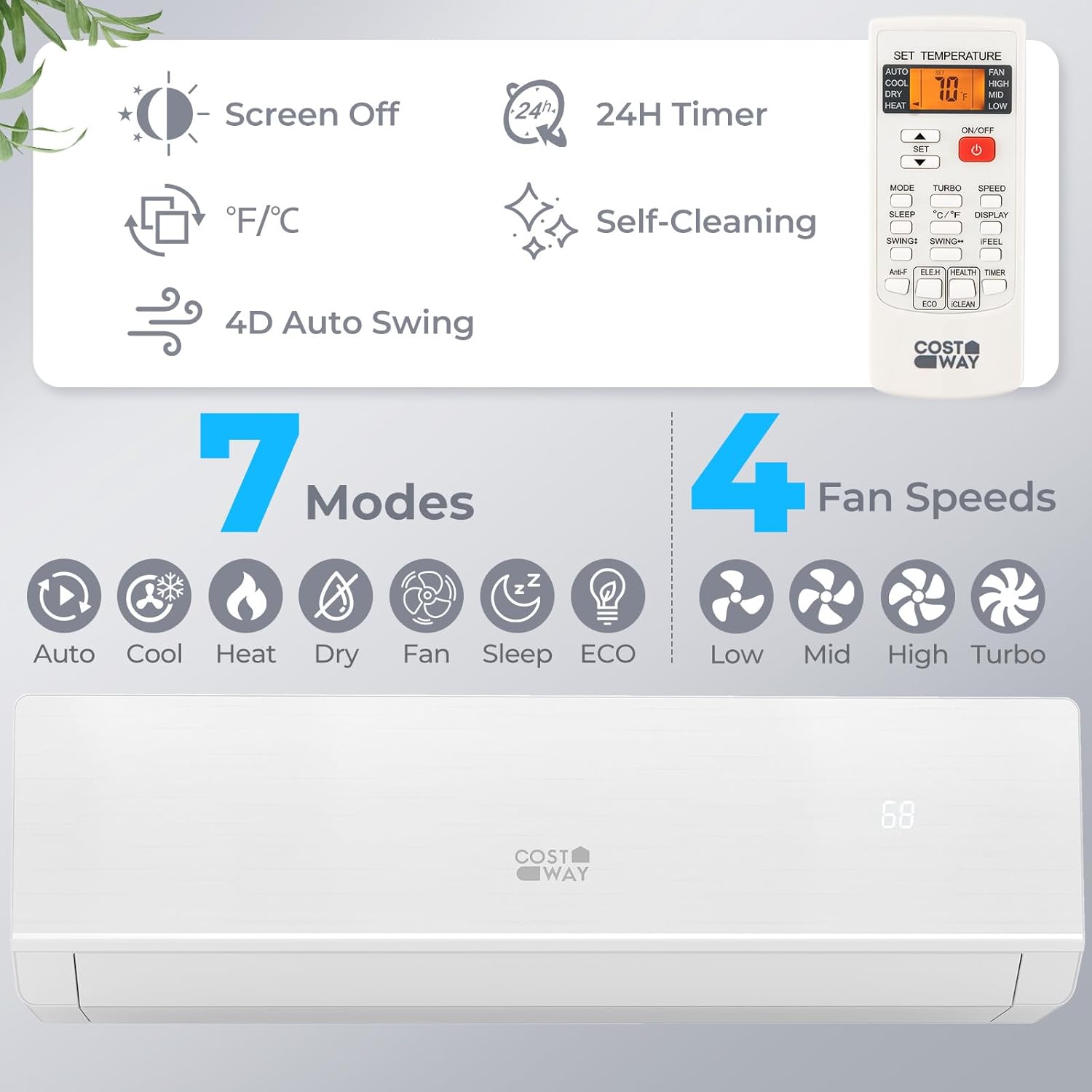 COSTWAY 24000 BTU Mini Split Air Conditioner & Heater, WiFi Enabled 25 SEER2 208-230V Ductless Inverter AC Unit w/2 Ton Heat Pump & Installation Kit, Works w/Alexa, Cools Rooms Up to 1500 Sq.Ft