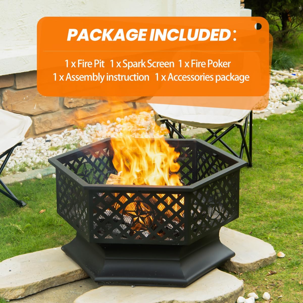 28 Inch Hex-Shaped Fire Pit,Wood Burning Fire Pits for Outside with Spark Screen&Poker,Metal Hexagon Outdoor Firepit for Backyard,Bonfire,Patio,Party,Garden,Picnic and Camping(28'' Black)