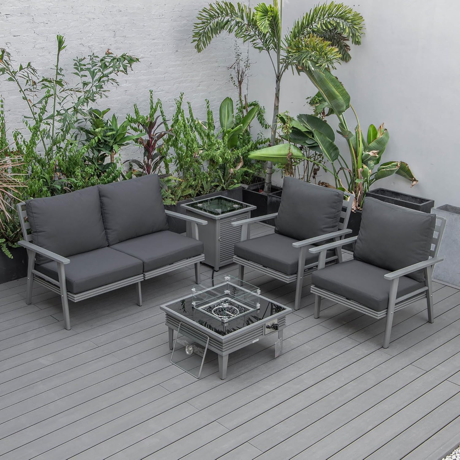 LeisureMod Walbrooke Modern Aluminum 5-Piece Patio Conversation Set with Outdoor Square Fire Pit Slats Design & Side Table Tank Holder, Charcoal
