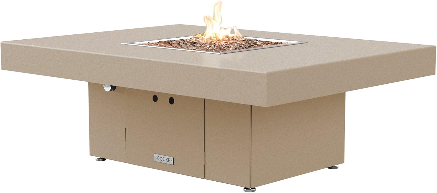COOKE Santa Barbara 48 x 36 Rectangular Fire Pit Table - Beige Powdercoat Aluminum Top - Propane (Beige Powdercoat Base)