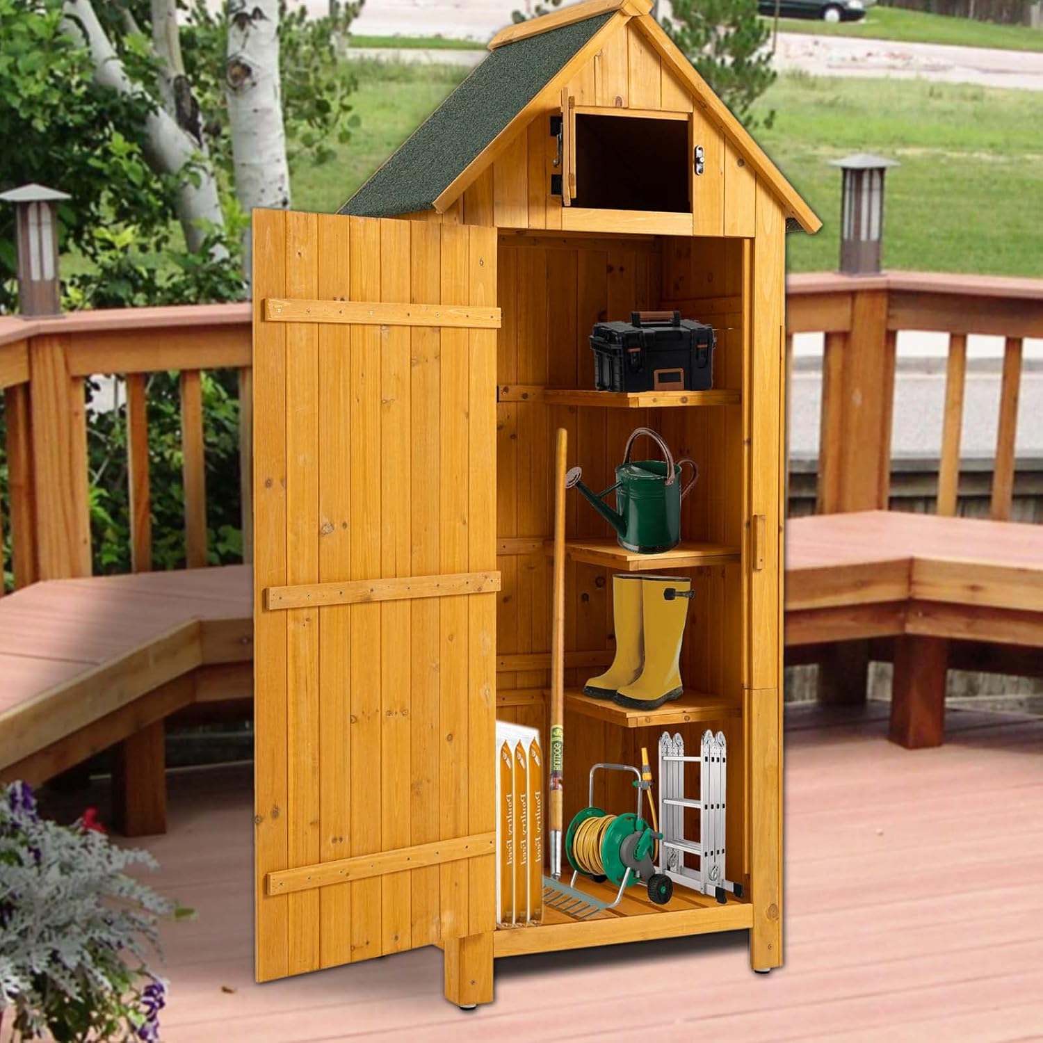 Wooden Storage Cabinet Outdoor Tool Shed for Storing Mower Hose, Backyard Garden Shed for Tools, Spacious Space Waterproof Roof Bin Outside Furniture, 30.3”L X 21.3”W X 70.5”H (Natural)