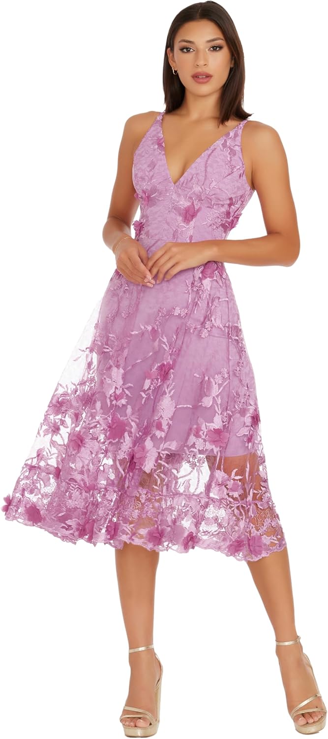 Dress the Population Women's Audrey Spaghetti Strap Midi A-line 3D Floral Dress, Lavender, XS