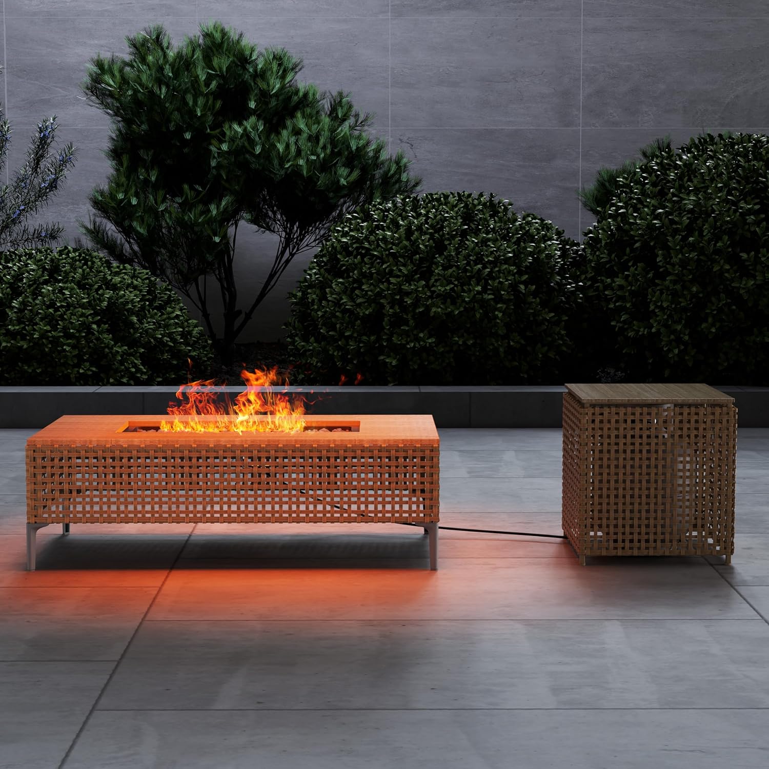 Grand patio 47inch Outdoor Wicker Propane Fire Pit 50,000 BTU Rectangle Gas Fire Pit Table with Propane Tank Storage Box, Woodgrain Tabletop, Lid, Lava Rock for Garden/Patio, CSA Certification