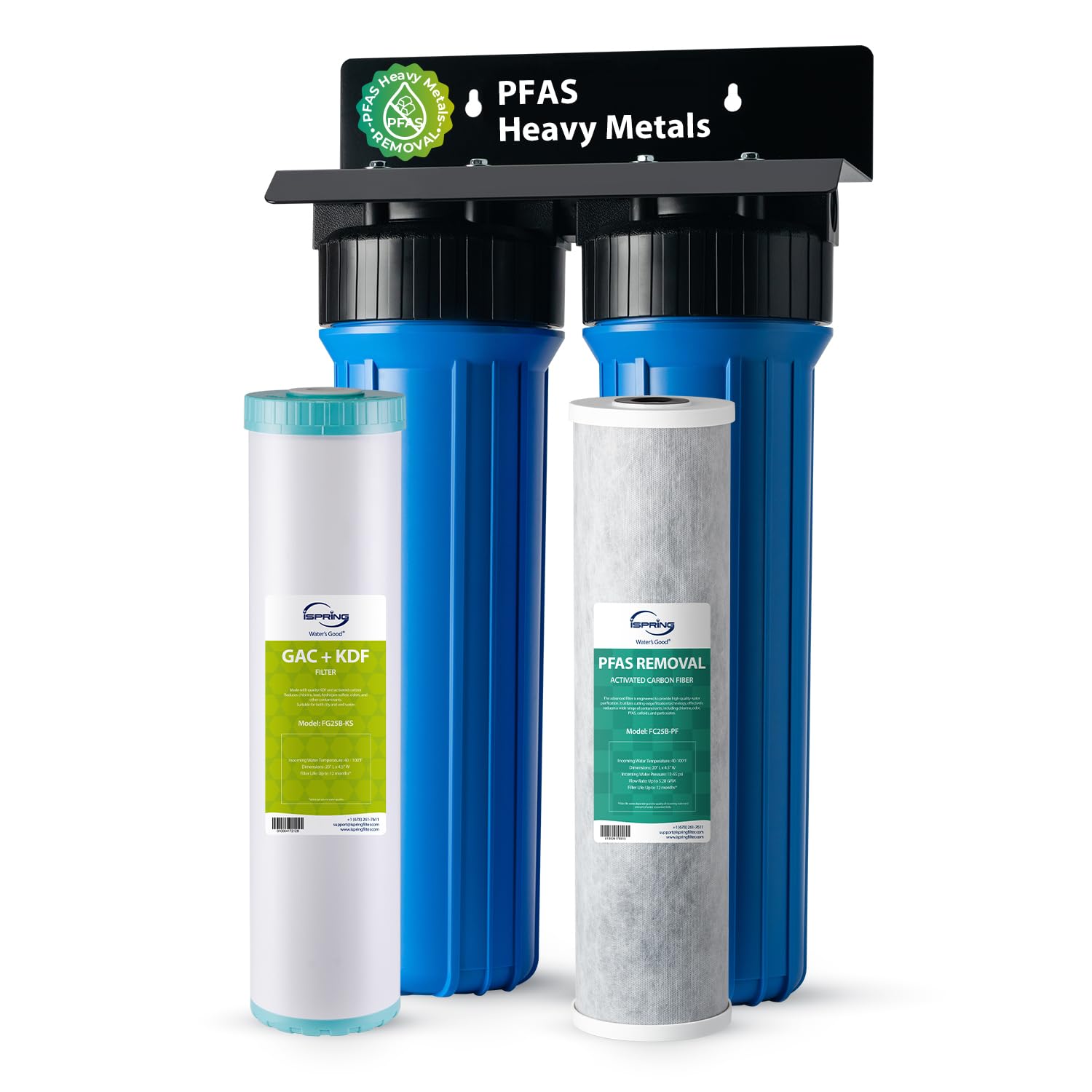 iSpring PFAS & Heavy Metal Whole House Water Filter System, Also Reduces Chlorine, Hydrogen Sulfide, Odor, Bad Taste, SGS-Tested Reducing up to 99% of PFAS, 1” Inlet/Outlet, Model: WGB22B-PFKS