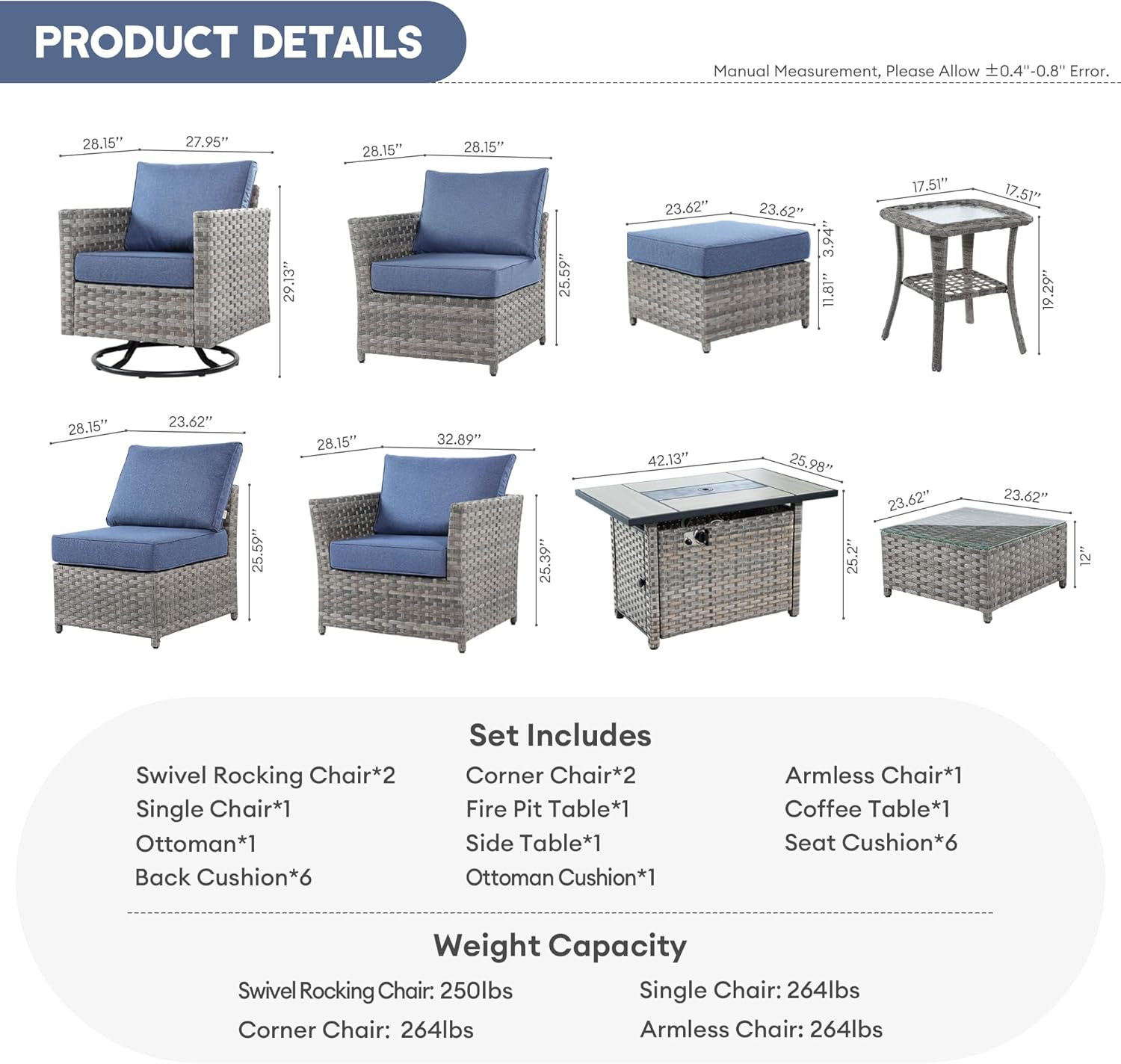 Patio Conversation Set, 10-Piece Wicker Outdoor Sectional Swivel Rocker Chairs Set with 42 Inch Rectangular Fire Pit Table (Denim Blue)