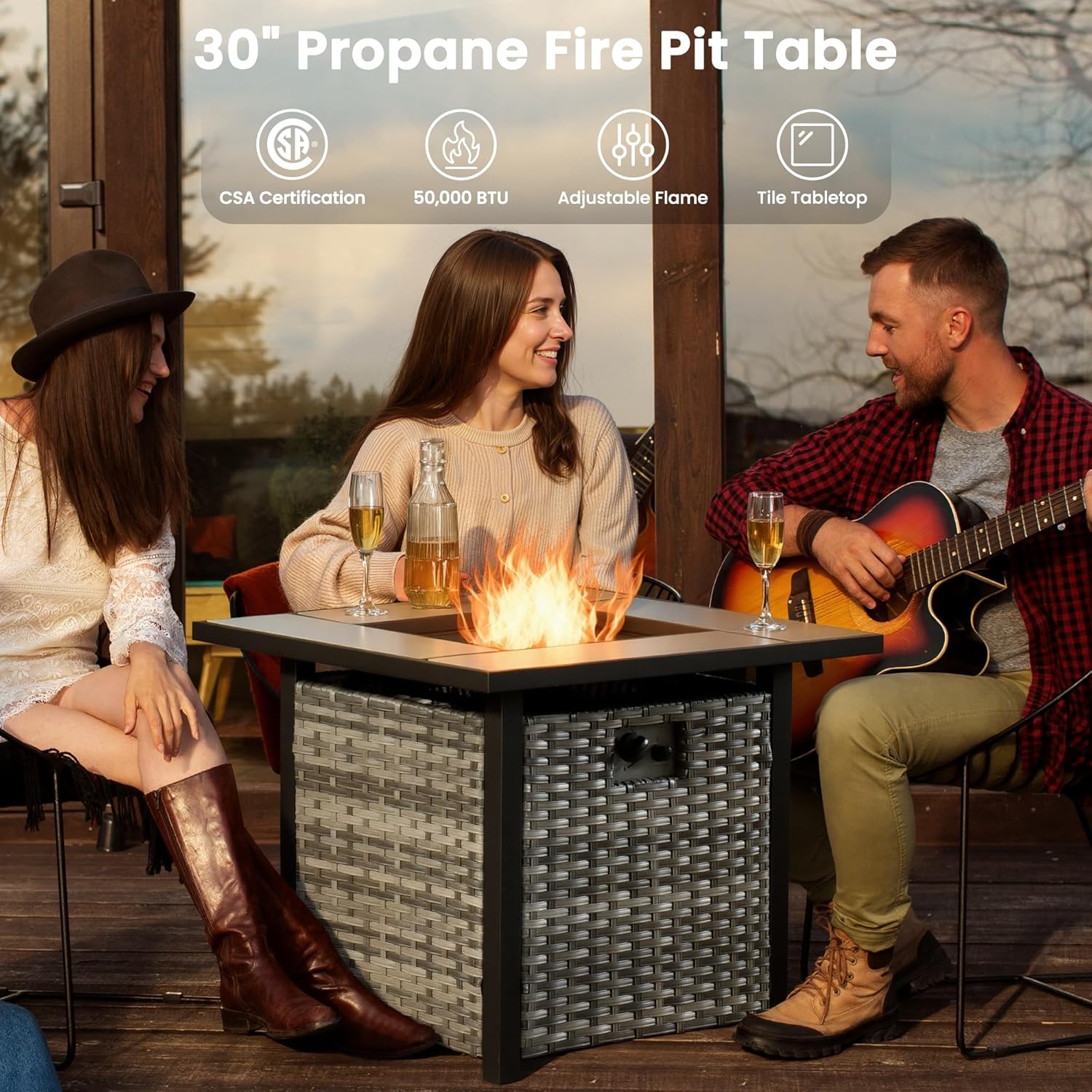 ovios 9 Pieces Patio Furniture Set with 30 inch Fire Pit Table, Outdoor Wicker Sofa Couch Swivel Rocking Glider Chairs, Modern Luxury Conversation Set, Grey Rattan, Denim Blue