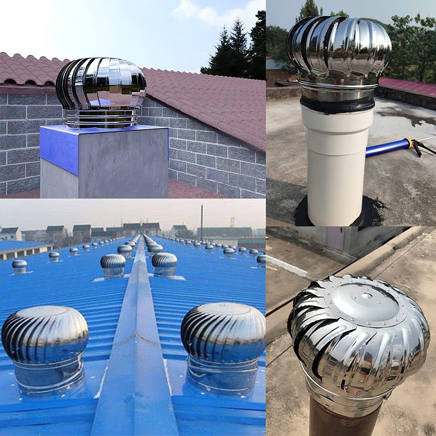 Roof Wind Turbine Cap Vent Round, Internally Braced Wind Turbine, 8 Inch 10 Inch 12 Inch Air Vent Outlet, 304 Stainless Steel, Easy to Install, Galvanized Bracket, Unpowered Rotation(400mm)