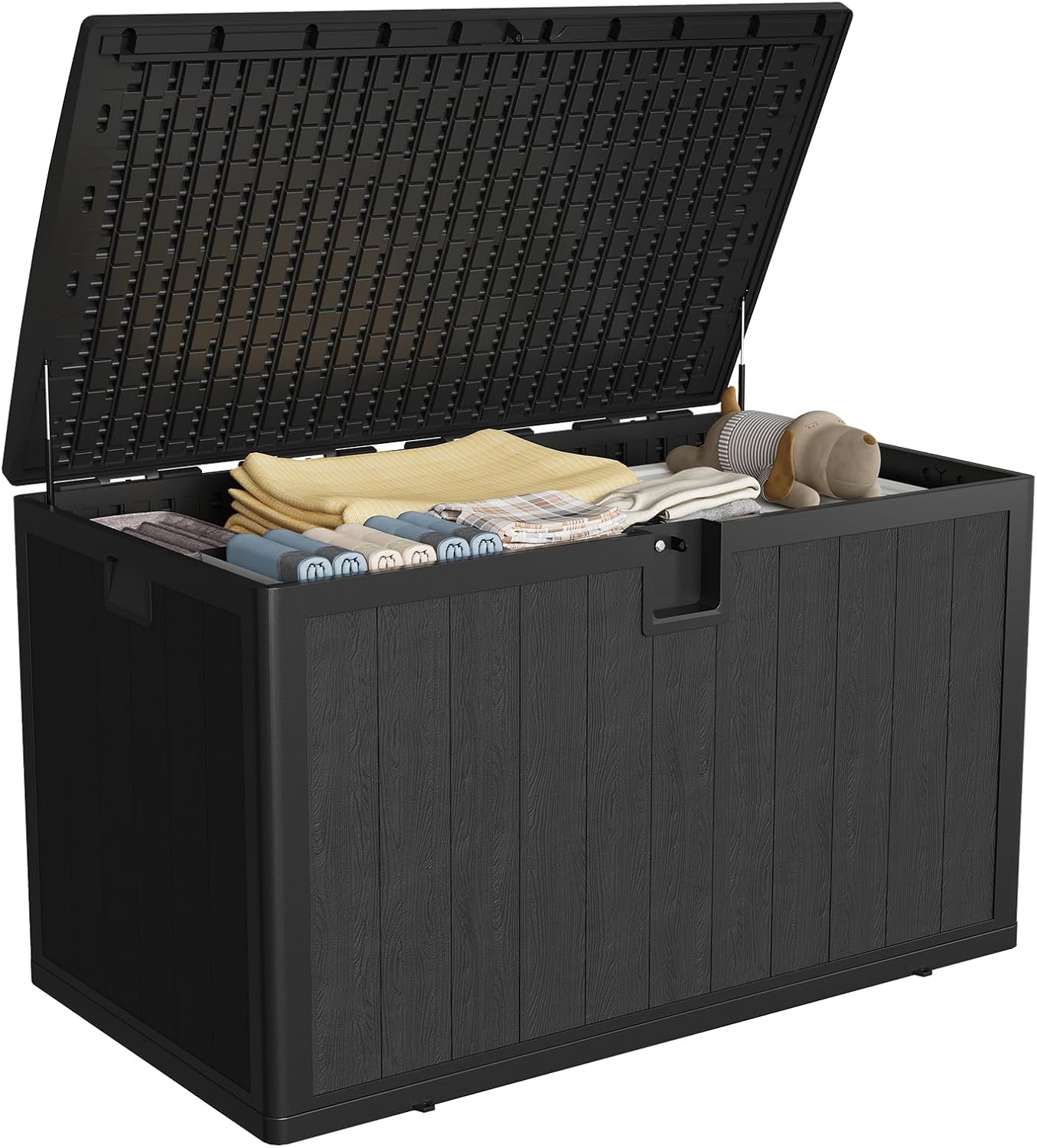 130 Gallon Outdoor Waterproof Storage Box Lockable Outdoor Storage Boxes Deck Storage Boxes for Package Delivery Deck Boxes for Patio Furniture, Garden, Tools - Faux Wood Grain Black