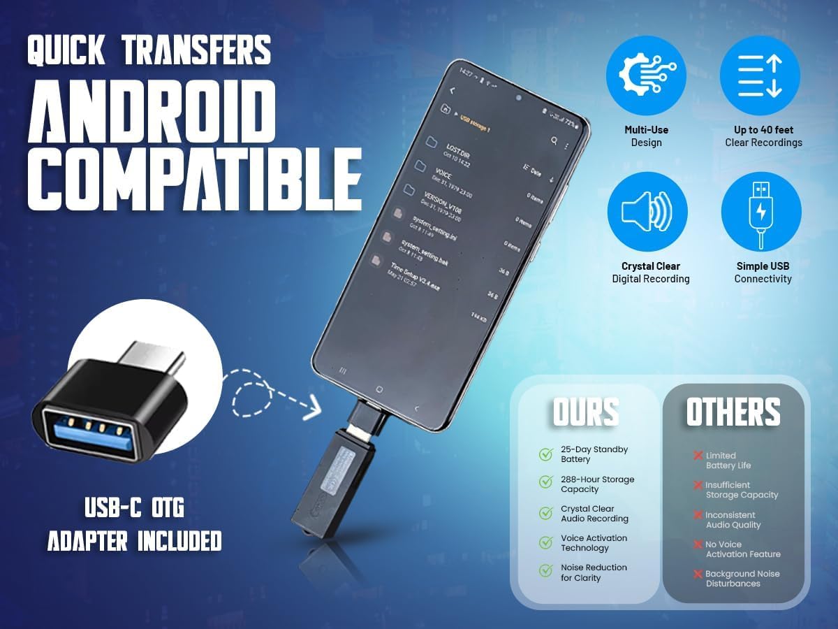 USB Audio Note Device 288-Hour Storage | Hands-Free Audio Capture | Extended Battery Life | Easy File Transfer | Compact Device for Meetings, Lectures & Personal Notes