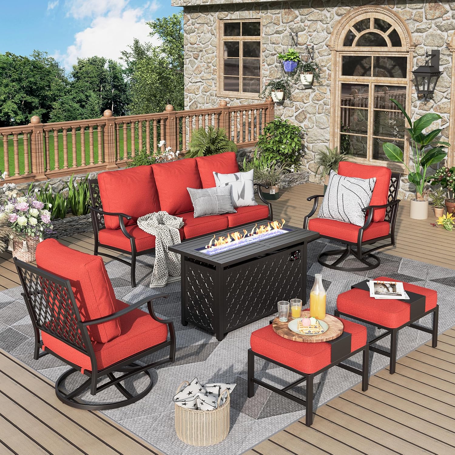 Patio Furniture Set, 6 Pcs Metal Outdoor Conversation Set, 2 Swivel Chairs, 2 Ottomans and 3 Seater Sofa with 5.75