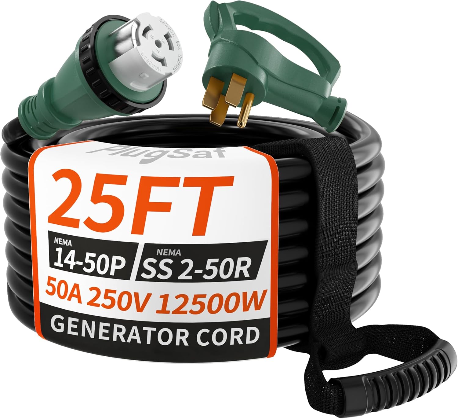 50 Amp Generator Cord, 25FT 50 Amp RV Extension Cord with Twist Lock, Generator Cable 50A 4 Prong Green, NEMA 14-50P/SS2-50R Heavy Duty STW Wire for RV Camper & House