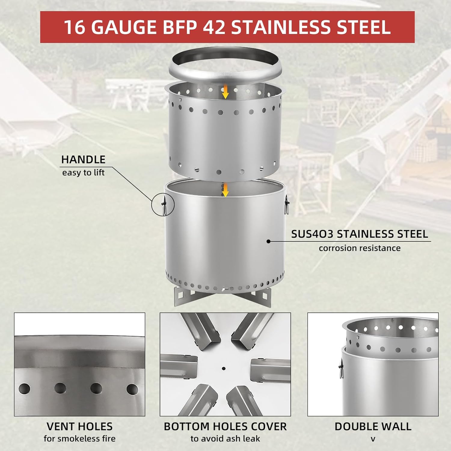 16.5 Inch Smokeless Fire Pit with Stand, Removable Ash Pan, Portable Fire Pit for Outside, Stainless Steel Wood Burning Fireplace, Ideal for 4-6 People Camping Gathering