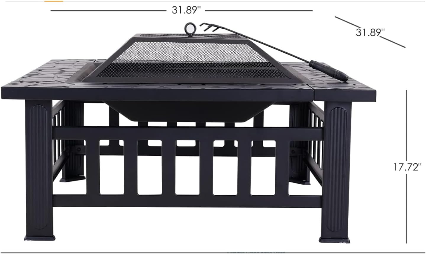 Outdoor Fire Pit Table 32 Inch, Square Backyard Patio Firepit Table, Black Steel Construction with Protective Cover, Multi-Functional BBQ Grill and Ice Bucket, Ideal for 4-8 People