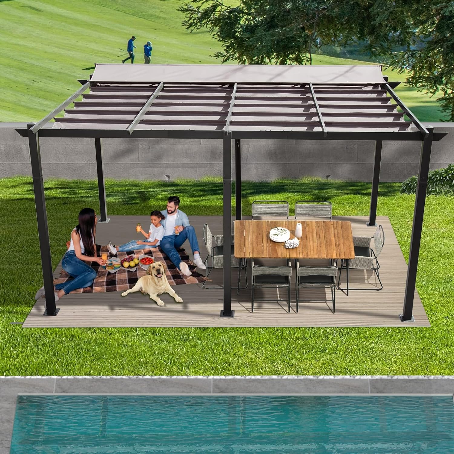 11 X 16 FT Outdoor Living Outdoor Retractable Pergola with Weather Resistant Canopy Aluminum GPergola Patio Grill Gazebo for Courtyard Dark Gray
