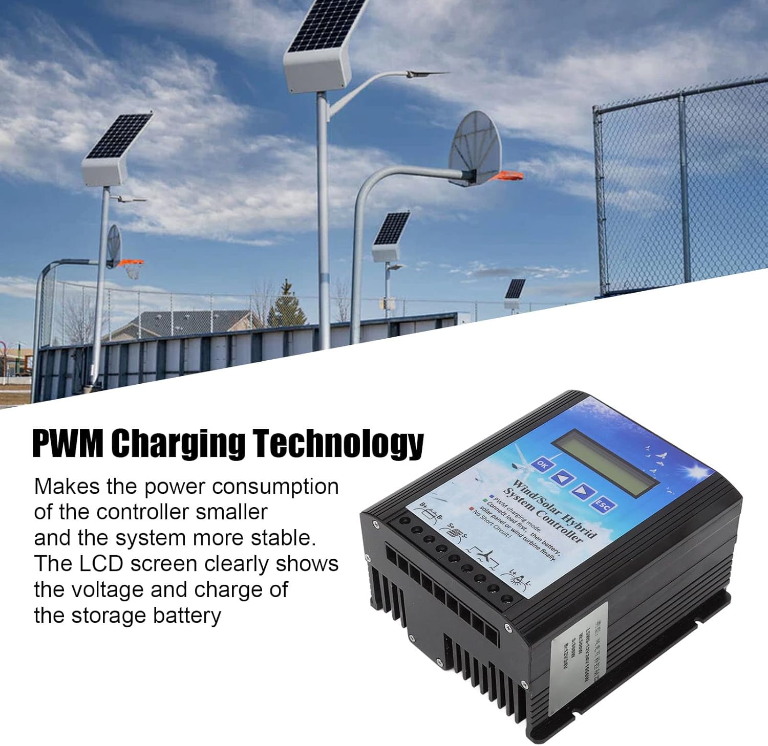 Wind Solar Hybrid Controller 12V 24V PWM Charging LCD Display Universal for Off Grid Generation Systems Aluminum Alloy Blue 148x162x85mm