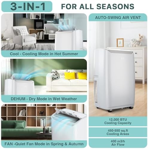 12000 BTU Portable Air Conditioner Cools up to 550 Sq.Ft, 3-in-1 Quiet Portable AC Unit with Remote Control & Installation Kits for Large Room, 3 Speed, Auto Swing, 24H Timer