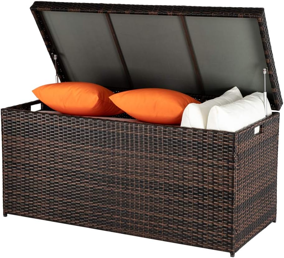 HomVent Outdoor Wicker Patio Furniture Deck Storage Box, 132-Gal Rattan Pool Storage Box with Lid, Garden Deck Bin Storage Bench Deck Box for Garden, Backyard, Pool (Brown)
