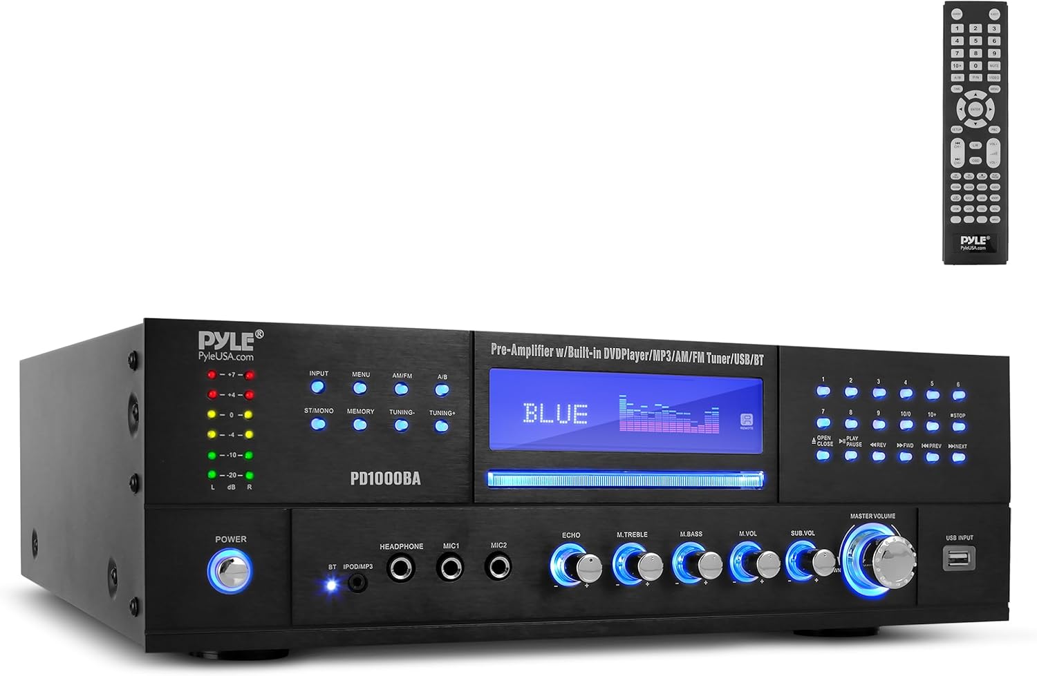 Pyle 4-Channel 1000W Power Amplifier with Bluetooth - Wireless Stereo Home Audio Receiver w/ Front Loading CD DVD Player, FM Radio, USB-A, Headphone, 2 Microphone w/ Echo, LED, Rack Mount - PD1000BA