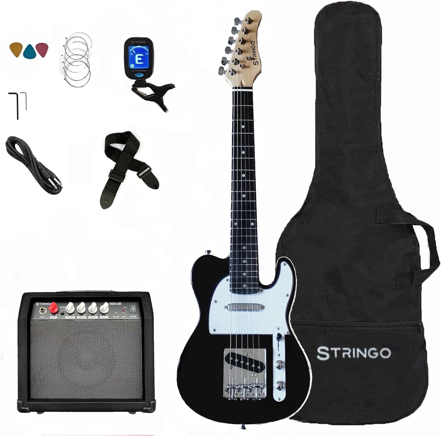 Black 30 Inch Kids Electric Guitar Beginner Kit Tele Style,Set Includes, 20W Amplifier 3 Picks, Shoulder Strap, Tuner, Bag Case
