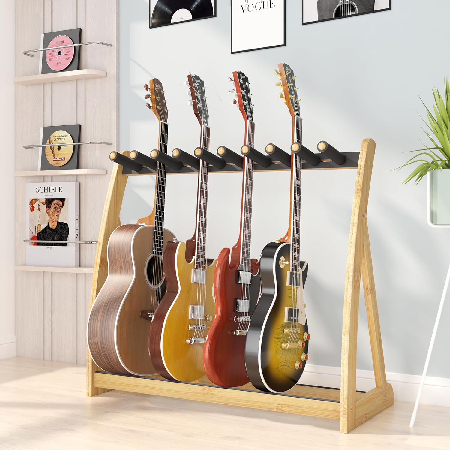 Guitar Stand Rack, Multi-Guitar Display Rack Adjustable Bamboo Guitars Holder Electric Guitar Stands Floor Storage for Bass Acoustic, Home Studio, Band Stage