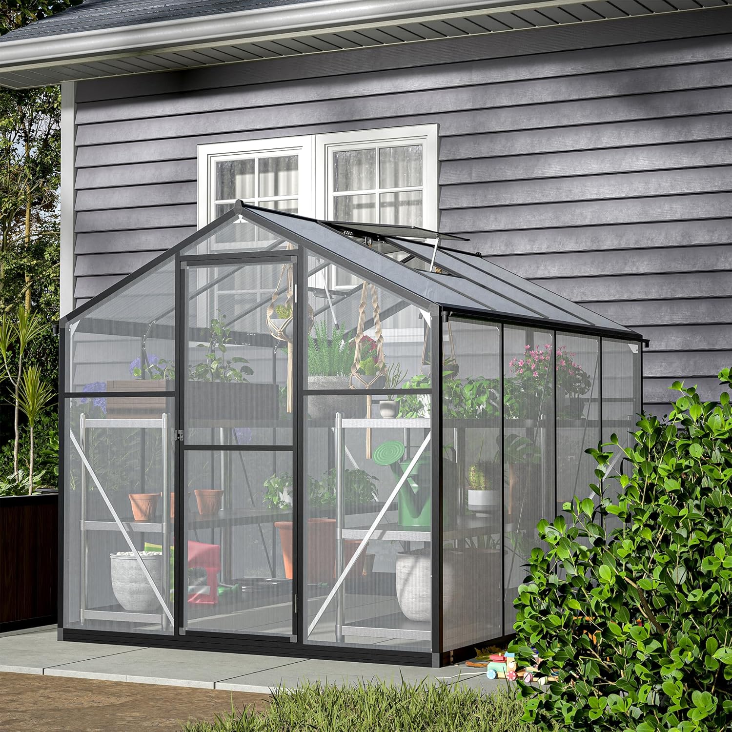 Polycarbonate Greenhouse 6'x8' Upgraded Heavy Duty Aluminum Walk-in Green House for Outdoor Garden with Base,Adjustment Roof Vent,Hinged Door,Rain Gutter,2 Gloves,Free Assembly Tools