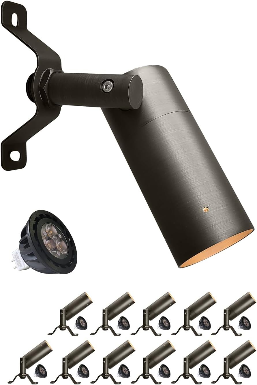 MALORY Brass Landscape Spot Down Light, Low Voltage Led Downlights Tree Light Outdoor Landscape Lighting for Yard, Garden, Lawn, Wall, Patio with 5W MR16 LED Bulb 2700K Warm White（12 Pack）
