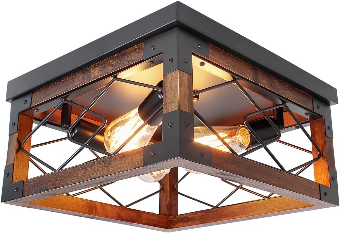 Farmhouse Flush Mount Ceiling Light Fixture, 4-Light Close to Ceiling Light with Metal and Wood Rustic Light Fixture for Dining Room Living Room Entryway Kitchen