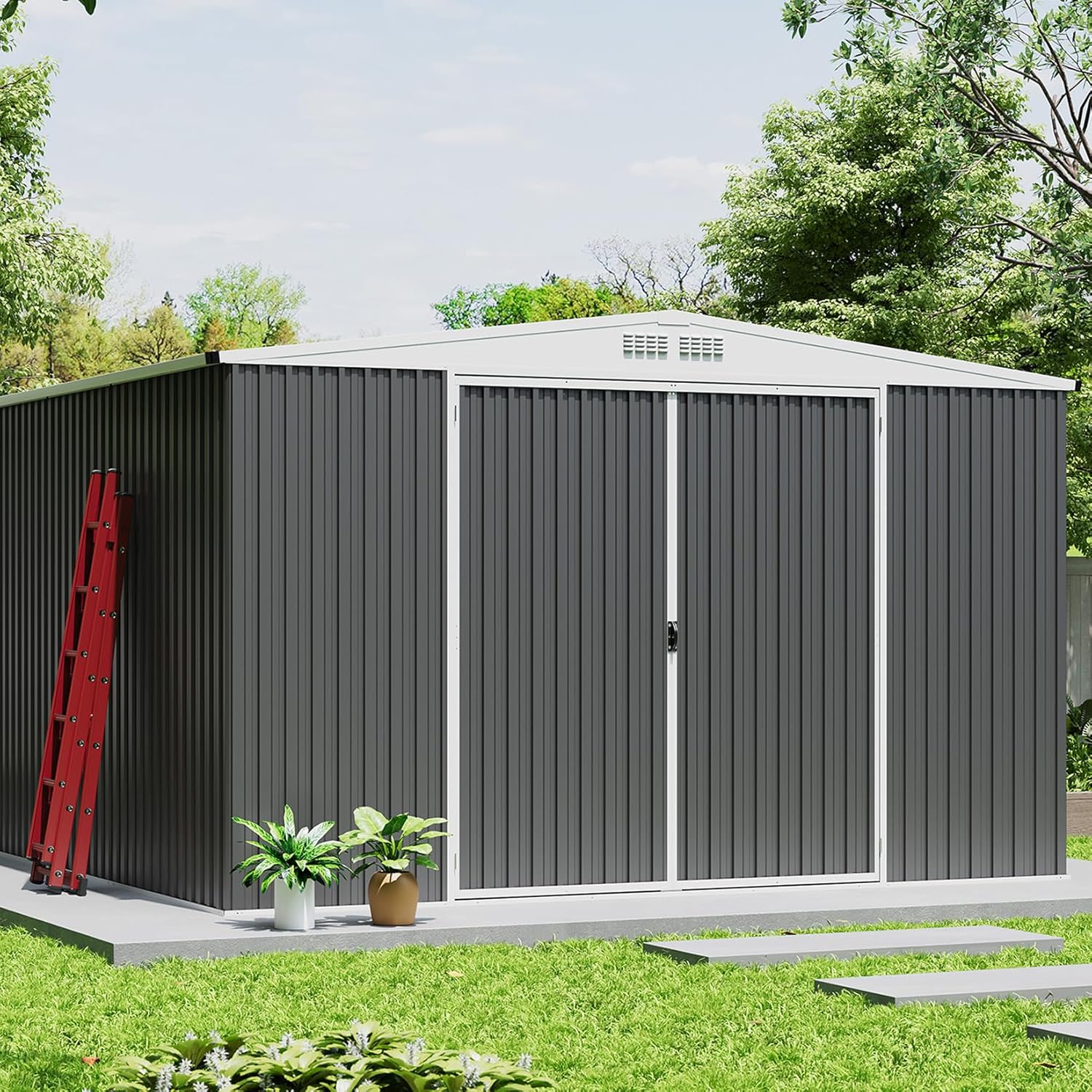 GarveeLife 8x7 Shed for Outdoor Storage, Galvanized Steel Metal Tool Sheds House with Lockable Doors, Lock & Air Vent, Large Utility Sheds for Patio Garden Lawn (7.6x6.3, Grey)
