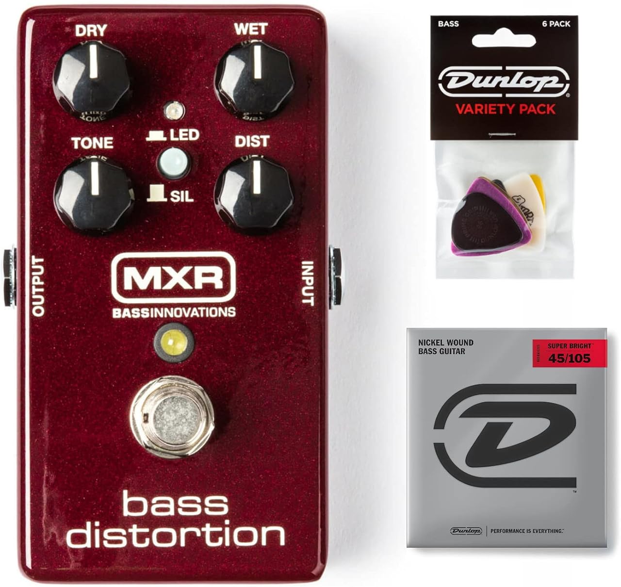 Briskdrop MXR M85 Bass Distortion Pedal Bundle with Dunlop Pick Pack and Super Bright Bass Strings M85-PVP117-DBSBN 0