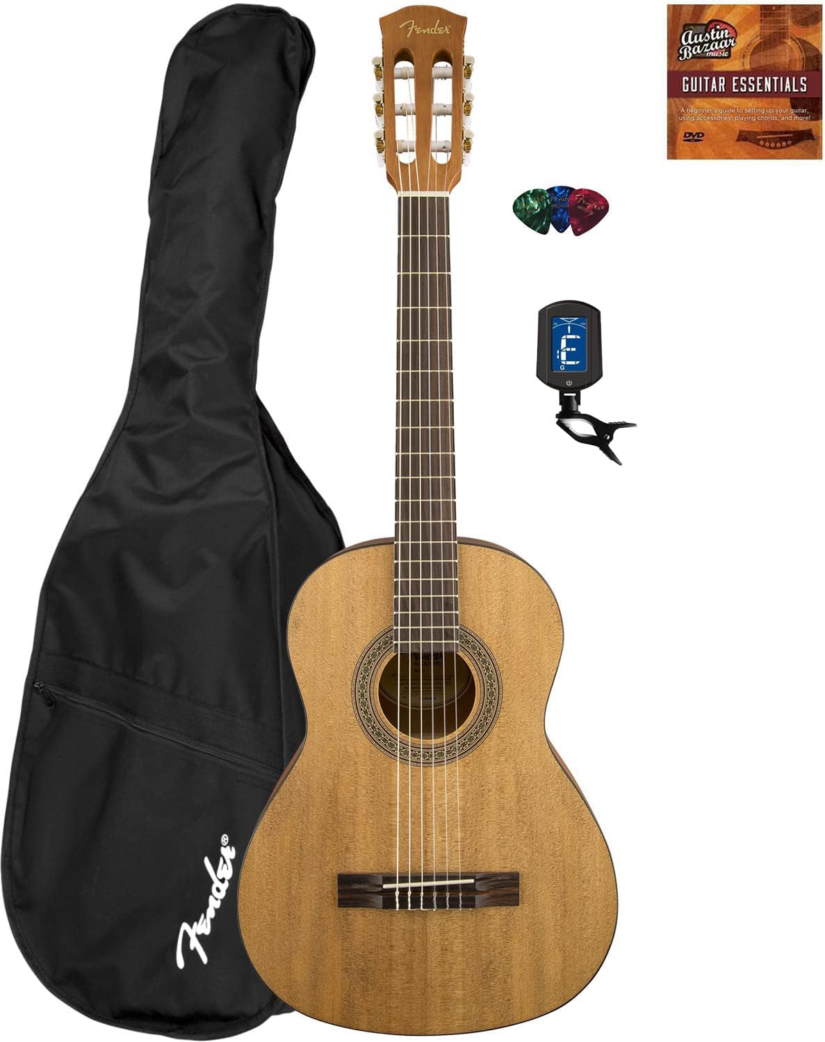 Fender FA-15N 3/4-Size Kids Classical Guitar - Natural Learn-to-Play Bundle with Gig Bag, Tuner, Picks and Austin Bazaar Instructional DVD