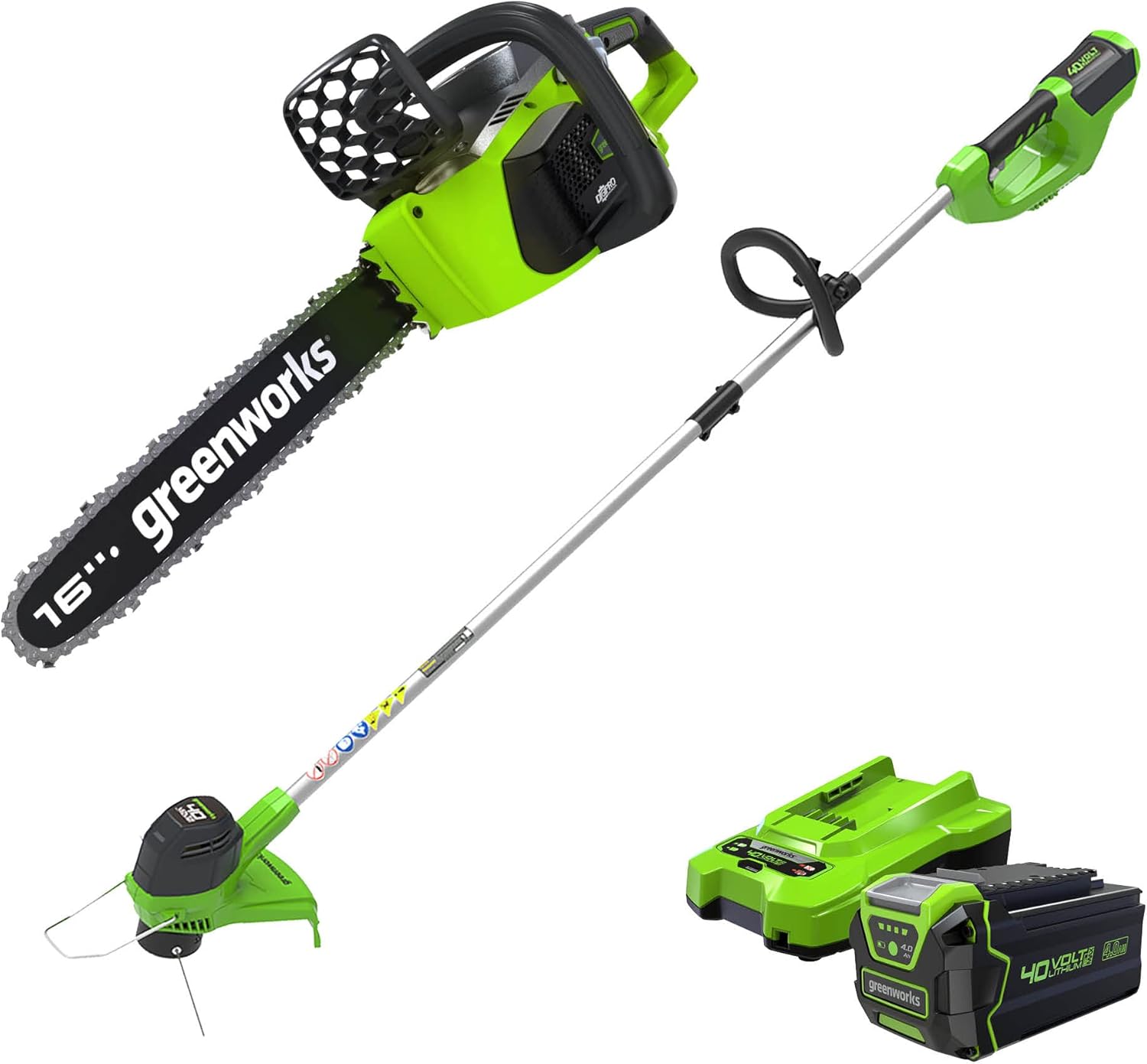 Greenworks G-MAX 40V 16-Inch Cordless Chainsaw, 4AH Battery and a Charger Included, 20312 with 40V String Trimmer