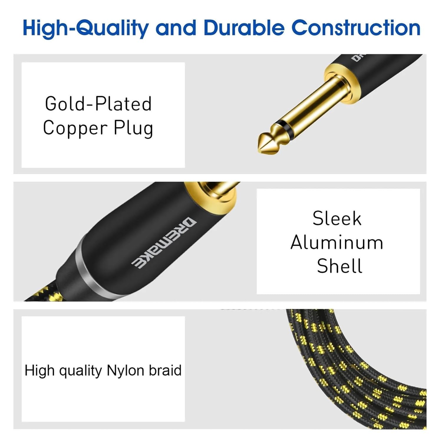 Guitar Cable 6.5mm Instrument Cable Amp Cord 1/4 Inch to 1/4 Inch Audio Cable for Bass Keyboard Mixer Amplifier Speaker and More(6.5mm-TS,3m)