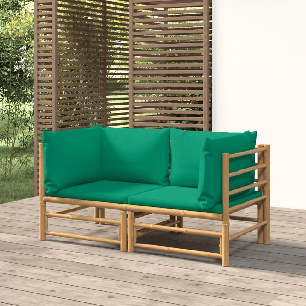 Patio Corner Sofas with Green Cushions 2 pcs Bamboo Garden Furniture