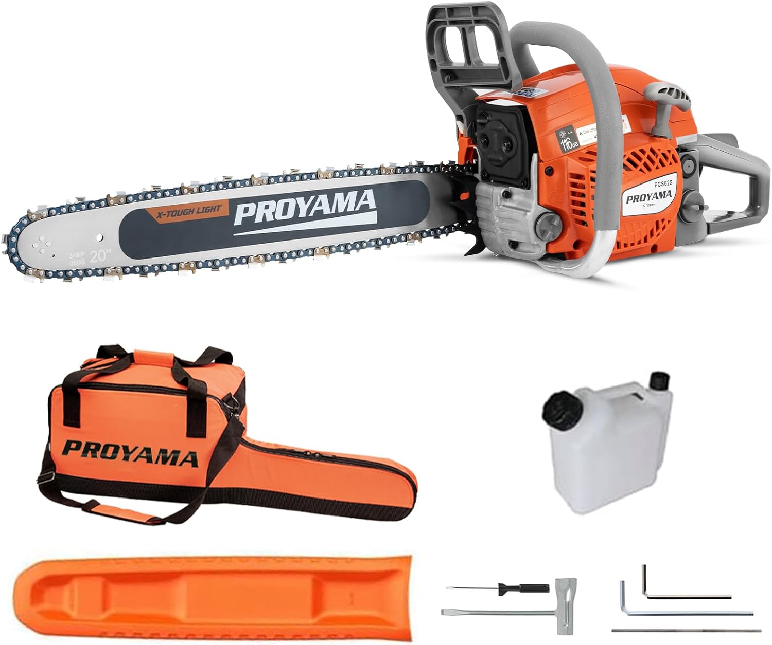 PROYAMA 62CC Gas Powered Chainsaw, 20 Inch 2-Cycle Petrol Handheld Cordless Chain Saw, Gas Chainsaws for Tree Wood Cutting