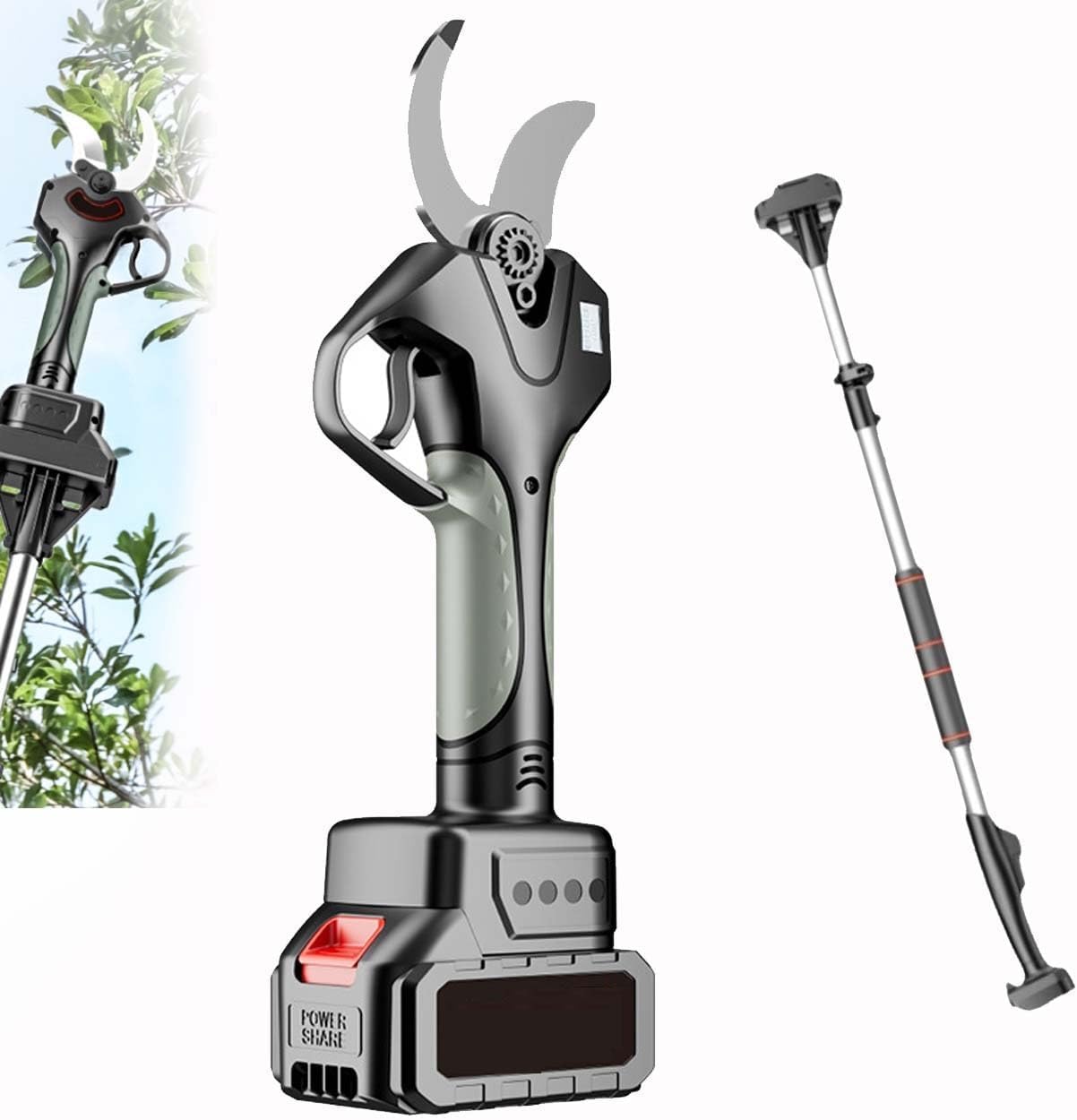 Heavy-Duty Electric Pruning Shears with Sharp SK5 Blade – Ideal Cordless Tree Trimmer for Orchard, Garden & Vineyard – Fast Cutting Power Tool for Thick Branches(Withpole)