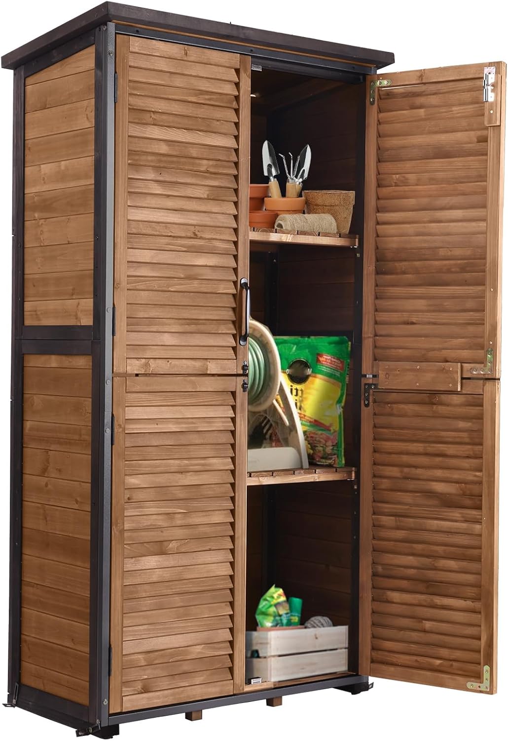 GUTINNEEN Outdoor Storage Cabinet Waterproof Metal Frame Wooden Storage Sheds Outdoor with Floor 4 Lockable Doors, 2 Adjustable Shelves, Garden Tool Shed for Patio Porch Backyard Lawn 63