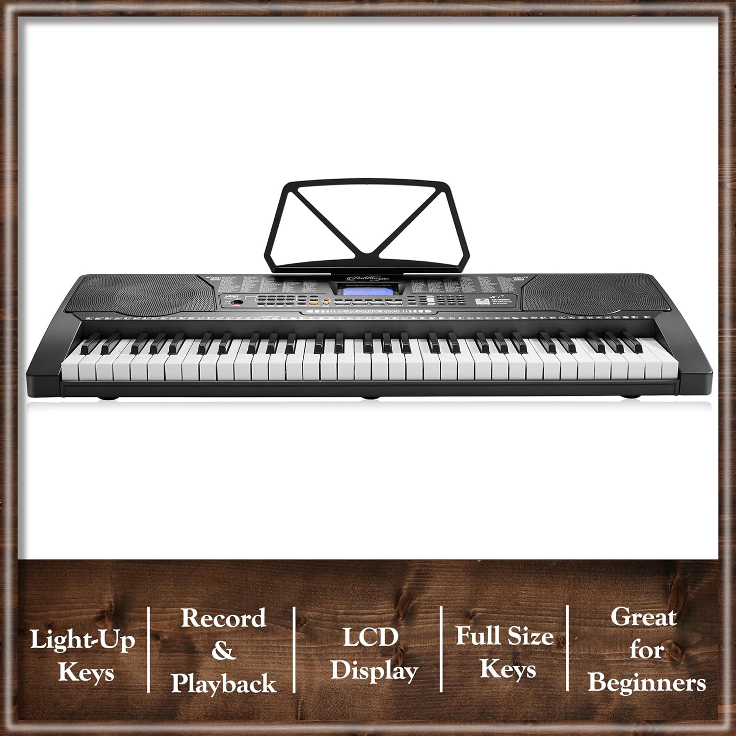 Ashthorpe 61-Key Digital Keyboard Piano with Light Up Keys, Electronic Beginner Piano Kit with Stand, Stool, Headphones, Microphone, and Note Stickers