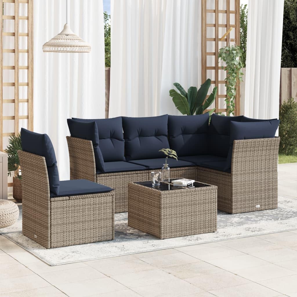 6 Piece Patio Sofa Set with Cushions, Gray Poly Rattan, Modular Outdoor Furniture for Backyard, Terrace, Balcony